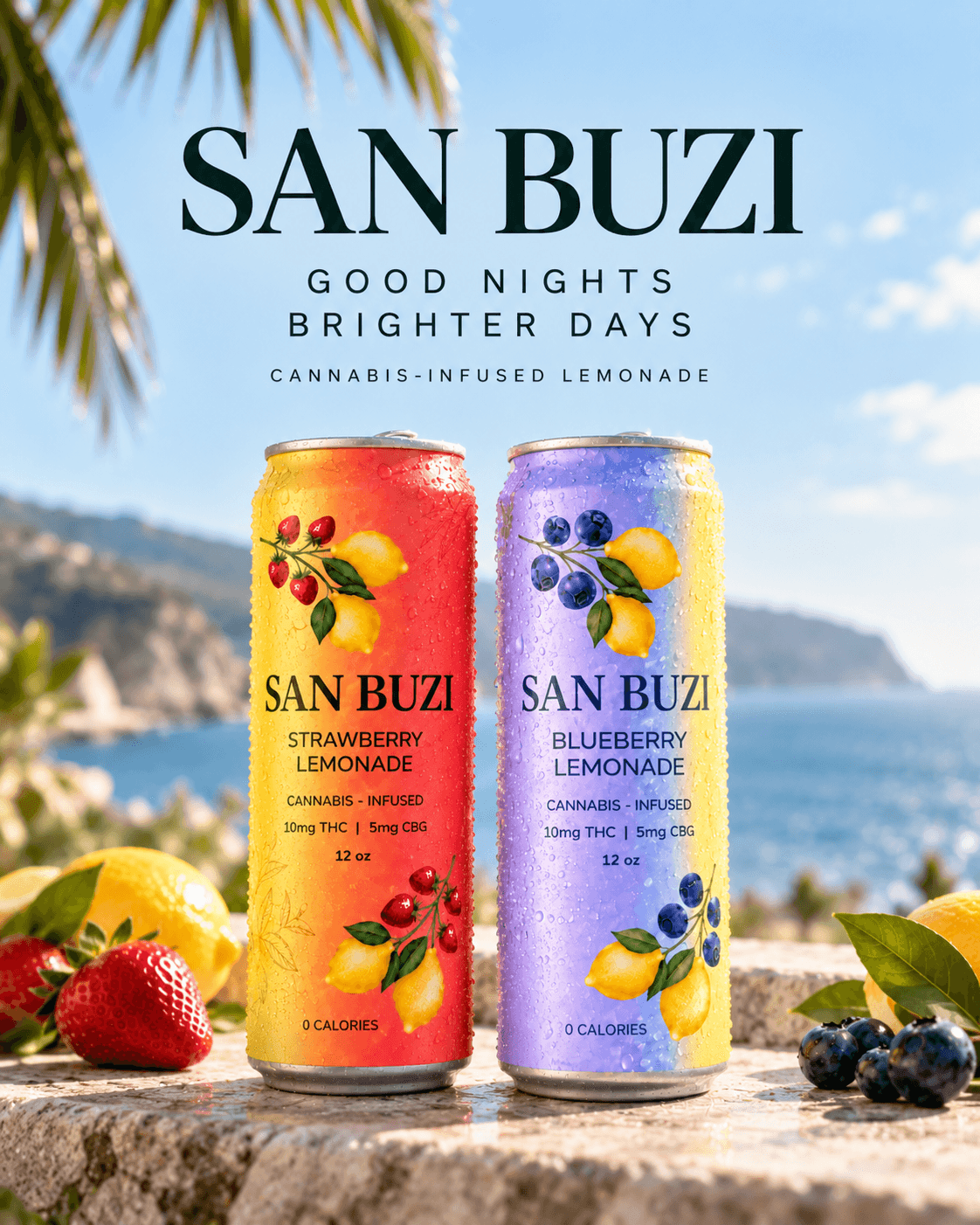 San Buzi Strawberry and Blueberry Lemonade cans on a sunny coastal ledge